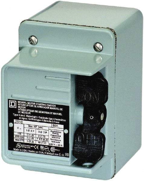 Square D - 2 Poles, 30 Amp, NEMA, Enclosed Toggle Manual Motor Starter - 1 hp at 90 VDC, 1-1/2 hp at 230 VDC, 2 hp at 115 VAC, 2 hp at 115 VDC, 2 hp at 230 VAC, 3 hp at 460 VAC & 3 hp at 575 VAC, CE, CSA, NEMA 4 & UL Listed - Americas Tooling