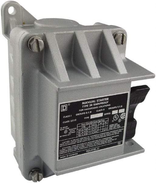 Square D - 3 Poles, 30 Amp, NEMA, Enclosed Toggle Manual Motor Starter - 1 hp at 90 VDC, 10 hp at 460 VAC, 10 hp at 575 VAC, 1-1/2 hp at 230 VDC, 2 hp at 115 VAC, 2 hp at 115 VDC & 7-1/2 hp at 230 VAC, CE, CSA, NEMA 3R/7/9 & UL Listed - Americas Tooling