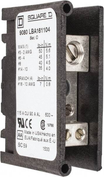 Square D - 1 Pole, 115 (Copper), 90 (Aluminium) Amp, Thermoplastic Power Distribution Block - 600 VAC, 1 Primary Connection - Americas Tooling