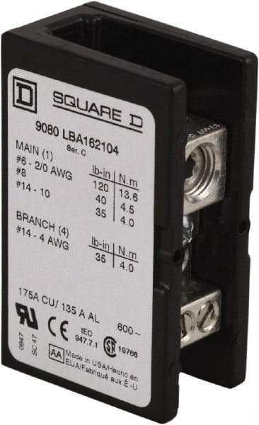 Square D - 1 Pole, 175 (Copper) Amp, Phenolic Power Distribution Block - 600 VAC, 1 Primary Connection - Americas Tooling