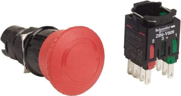 Schneider Electric - 16mm Mount Hole, Extended Mushroom Head, Pushbutton Switch with Contact Block - Round, Red Pushbutton, Maintained (MA), Momentary (MO) - Americas Tooling