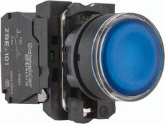 Schneider Electric - 22mm Mount Hole, Flush, Pushbutton Switch with Contact Block - Round, Blue Pushbutton, Illuminated, Momentary (MO) - Americas Tooling