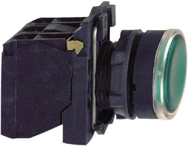 Schneider Electric - 22mm Mount Hole, Flush, Pushbutton Switch with Contact Block - Round, Green Pushbutton, Illuminated, Momentary (MO) - Americas Tooling