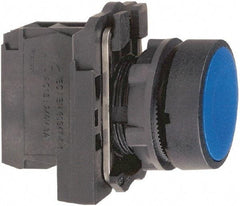 Schneider Electric - 22mm Mount Hole, Flush, Pushbutton Switch with Contact Block - Round, Blue Pushbutton, Momentary (MO) - Americas Tooling