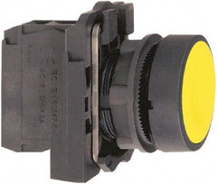 Schneider Electric - 22mm Mount Hole, Flush, Pushbutton Switch with Contact Block - Round, Yellow Pushbutton, Momentary (MO) - Americas Tooling