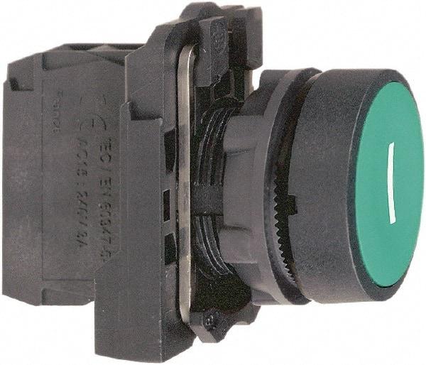 Schneider Electric - 22mm Mount Hole, Flush, Pushbutton Switch with Contact Block - Round, Green Pushbutton, Momentary (MO) - Americas Tooling