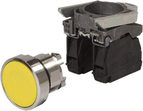 Schneider Electric - 0.87 Inch Mount Hole, Pushbutton Switch with Contact Block - Round, Yellow Pushbutton, Nonilluminated, Momentary (MO), Anticorrosive, Dust Resistant and Vaportight - Americas Tooling