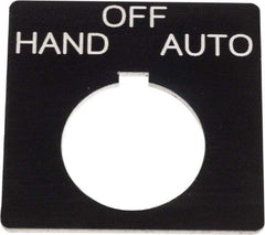 Schneider Electric - Square, Plastic Legend Plate - Hand-Off-Auto - Black Background, White Letters, 1.2 Inch Hole Diameter, 2-1/4 Inch Square - Americas Tooling