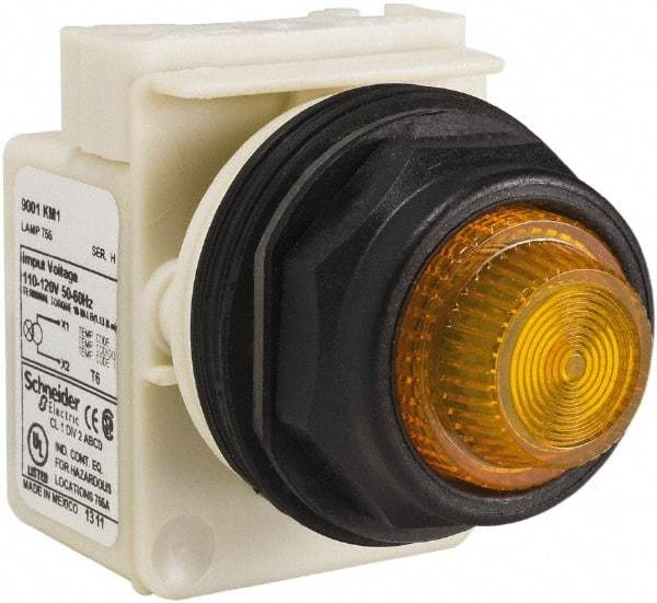 Schneider Electric - 110 VAC at 50/60 Hz via Transformer, 120 VAC at 50/60 Hz via Transformer Amber Lens Indicating Light - Round Lens, Screw Clamp Connector, Corrosion Resistant, Dust Resistant, Oil Resistant - Americas Tooling