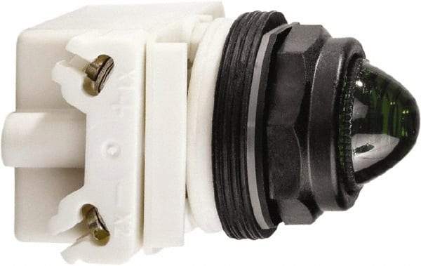 Schneider Electric - 24 VAC/DC Green Lens LED Pilot Light - Round Lens, Screw Clamp Connector, 54mm OAL x 42mm Wide, Vibration Resistant - Americas Tooling