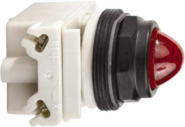 Schneider Electric - 120 VAC/VDC Red Lens LED Pilot Light - Round Lens, Screw Clamp Connector, 54mm OAL x 42mm Wide, Vibration Resistant - Americas Tooling