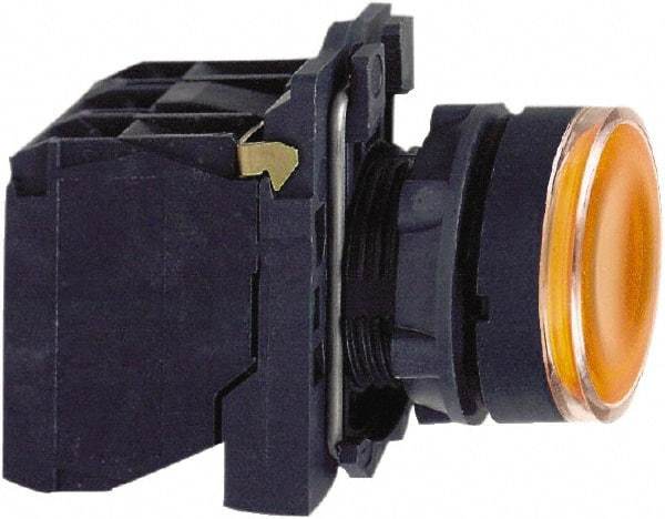 Schneider Electric - 22mm Mount Hole, Flush, Pushbutton Switch with Contact Block - Round, Orange Pushbutton, Illuminated, Momentary (MO) - Americas Tooling