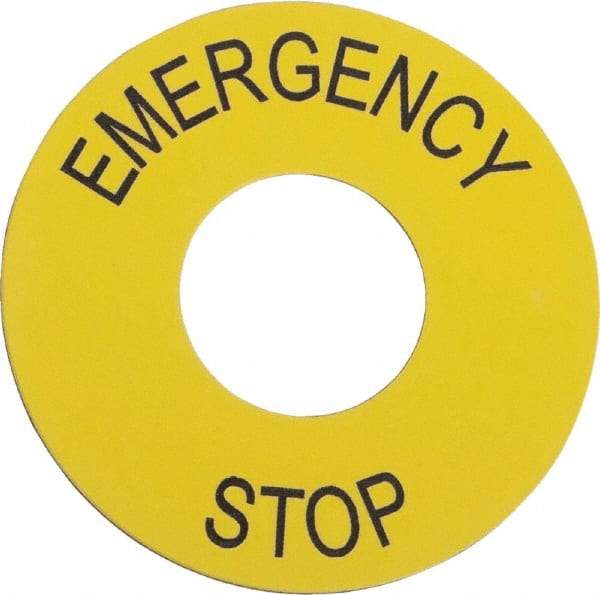 Schneider Electric - Round, PVC Legend Plate - Emergency Stop - Yellow Background, 60mm Hole Diameter - Americas Tooling