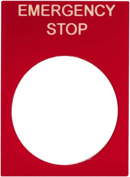 Schneider Electric - Rectangular, PVC Legend Plate - Emergency Stop - Red Background, White Letters, 22mm Hole Diameter, 30mm Wide x 40mm High - Americas Tooling