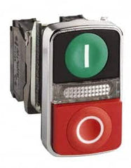 Schneider Electric - 22mm Mount Hole, Extended Straight, Flush, Pushbutton Switch Only - Rectangle, Green and Red Pushbutton, Illuminated, Momentary (MO), On-Off, Shock and Vibration Resistant - Americas Tooling