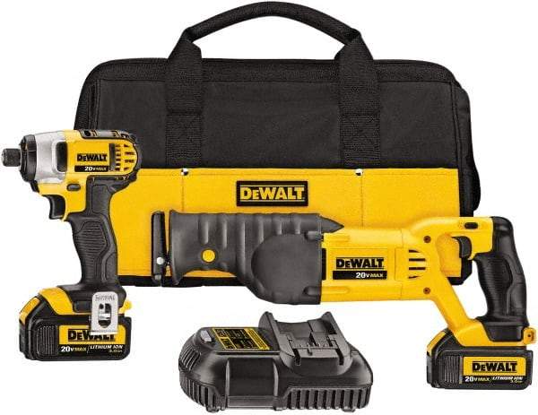 DeWALT - 2 Piece 20 Volt Cordless Tool Combination Kit - Includes 1/4" Impact Driver, Reciprocating Saw, Fast Charger, Contractor Bag & Belt Hook, Lithium-Ion - Americas Tooling