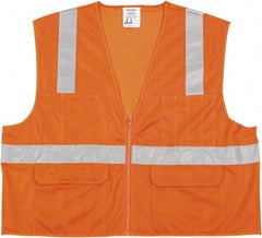 MCR Safety - Size XL High Visibility Orange Mesh/Solid General Purpose Vest - 25.4" Chest, ANSI 107-2015, Nonconductive Zipper Closure, 6 Pockets, Polyester - Americas Tooling