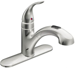 Moen - 3 Hole Mount, Low Arc Commercial Faucet - One Handle, Pull Lever Handle, Pullout Spout, No Drain - Americas Tooling