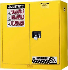 Justrite - 2 Door, 3 Shelf, Yellow Steel Wall Mount Safety Cabinet for Flammable and Combustible Liquids - 44" High x 43" Wide x 12" Deep, Manual Closing Door, 20 Gal Capacity - Americas Tooling