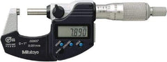 Mitutoyo - 0.0001 Inch Resolution, Standard Throat, Electronic Outside Micrometer - Includes Stand - Americas Tooling