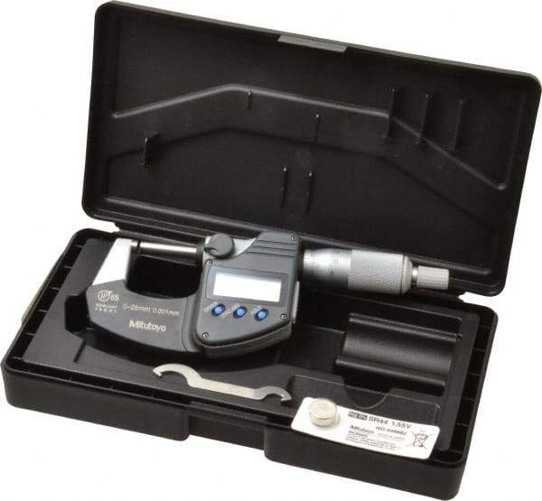 Mitutoyo - 0 to 25 mm Range, 0.001 mm Resolution, Standard Throat, IP65 Electronic Outside Micrometer - 0.001 Inch Accuracy, Ratchet Stop Thimble, Carbide Face, SR44 Battery, Data Output, Plastic Case, Includes NIST Traceable Certification of Inspection - Americas Tooling