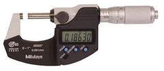 Mitutoyo - 0.0001 Inch Resolution, Standard Throat, Electronic Outside Micrometer - Includes Stand - Americas Tooling