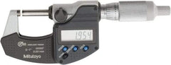 Mitutoyo - 0 to 1 Inch Range, 0.0001 Inch Resolution, Standard Throat, IP65 Electronic Outside Micrometer - 0.0001 Inch Accuracy, Ratchet Friction Thimble, Carbide Face, SR44 Battery, Plastic Case, Includes NIST Traceable Certification of Inspection - Americas Tooling