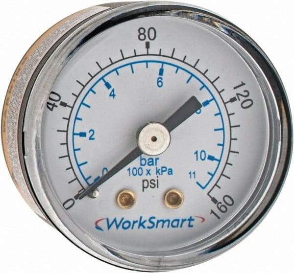 Value Collection - 1-1/2" Dial, 1/8 Thread, 0-160 Scale Range, Pressure Gauge - Center Back Connection Mount, Accurate to 3-2-3% of Scale - Americas Tooling