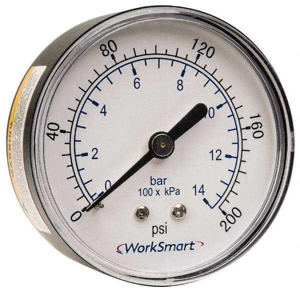 Value Collection - 2-1/2" Dial, 1/4 Thread, 0-200 Scale Range, Pressure Gauge - Center Back Connection Mount, Accurate to 3-2-3% of Scale - Americas Tooling