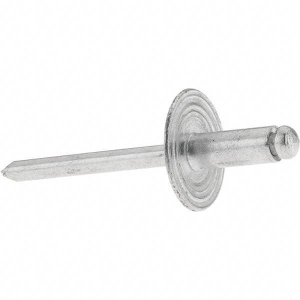 Value Collection - Size 64 Large Flange Dome Head Aluminum Open End Blind Rivet - Aluminum Mandrel, 0.062" to 1/4" Grip, 0.615" Head Diam, 0.192" to 0.196" Hole Diam, 0.45" Length Under Head, 3/16" Body Diam - Americas Tooling