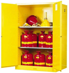 Justrite - 2 Door, 2 Shelf, Yellow Steel Standard Safety Cabinet for Flammable and Combustible Liquids - 65" High x 43" Wide x 34" Deep, Manual Closing Door, 3 Point Key Lock, 90 Gal Capacity - Americas Tooling