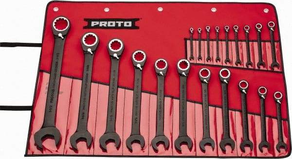 Proto - 20 Piece, 7/32" to 1-1/2", 12 Point Combination Wrench Set - Inch Measurement Standard, Black/Chrome Finish, Comes in Pouch - Americas Tooling