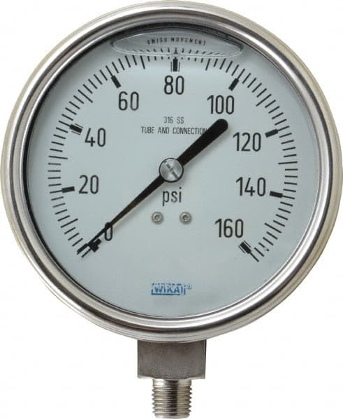 Wika - 4" Dial, 1/4 Thread, 0-160 Scale Range, Pressure Gauge - Lower Connection Mount, Accurate to 1% of Scale - Americas Tooling