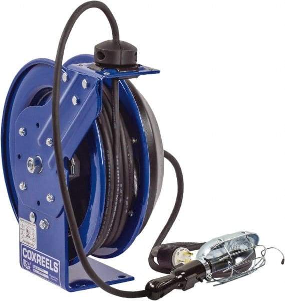 CoxReels - 16 AWG, 50' Cable Length, Cord & Cable Reel with Incandescent Hand Lamp with Tool Tap Plug End - 1 Outlet, NEMA 5-15R, 13 Amps, 115 Volts, SJTO Cable, Blue Reel, Spring Driven Reel - Americas Tooling