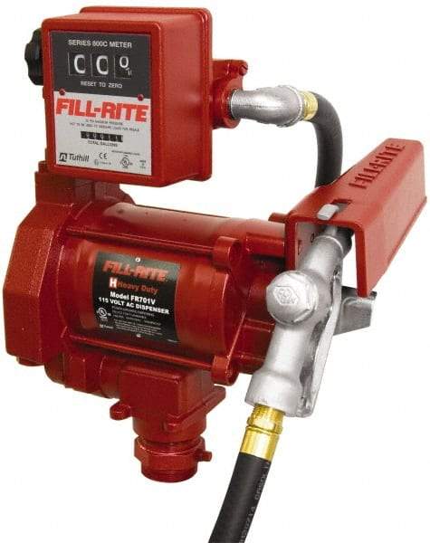 Tuthill - 20 GPM, 3/4" Hose Diam, AC Tank Pump with Manual Nozzle & 807C Meter - 1-1/4" Inlet, 3/4" Outlet, 115 Volts, 12' Hose Length, 1/3 hp - Americas Tooling