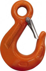 CM - Chain Grade 100, 4,300 Lbs. Load Limit Eye Sling Hook with Latch - 2-1/2 Inch Hook Throat, 4-3/4 Inch Reach, 0.63 Inch Eye Inside Diameter, 9/32 Inch Chain Diameter, 6.45 Inch Overall Length, 0.47 Inch Eye Thickness - Americas Tooling