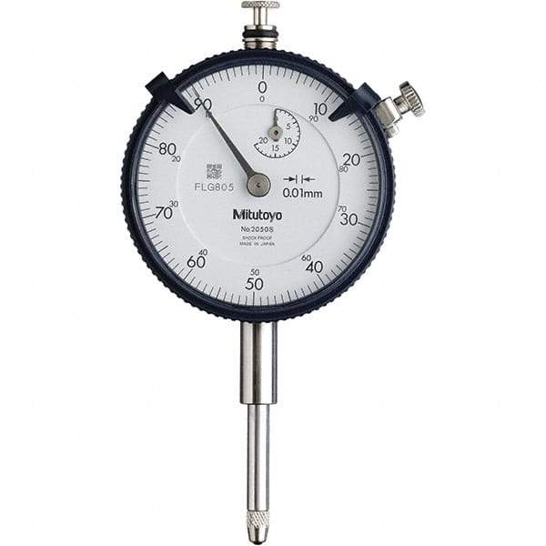 Mitutoyo - 20mm Range, 0-100 Dial Reading, 0.01mm Graduation Dial Drop Indicator - 57mm Dial, 1mm Range per Revolution, 0.2mm Accuracy, Revolution Counter - Americas Tooling