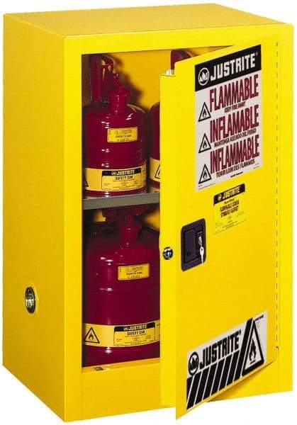 Justrite - 1 Door, 1 Shelf, Yellow Steel Space Saver Safety Cabinet for Flammable and Combustible Liquids - 35" High x 23-1/4" Wide x 18" Deep, Manual Closing Door, 12 Gal Capacity - Americas Tooling