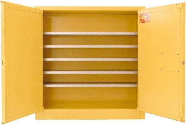 Securall Cabinets - 2 Door, 5 Shelf, Yellow Steel Wall Mount Safety Cabinet for Flammable and Combustible Liquids - 44" High x 43" Wide x 12" Deep, Manual Closing Door, 3 Point Key Lock, 24 Gal Capacity - Americas Tooling