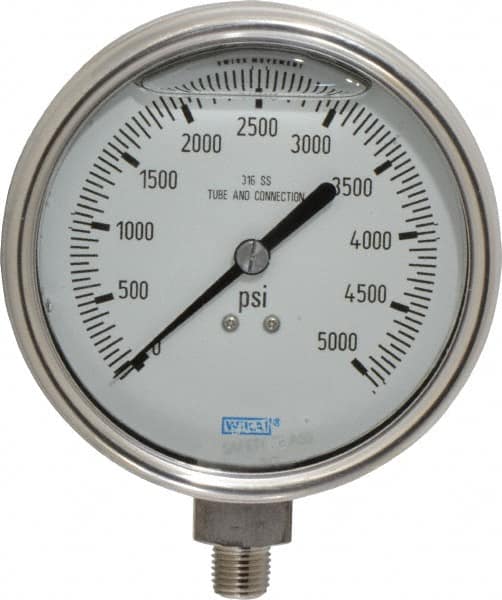 Wika - 4" Dial, 1/4 Thread, 0-5,000 Scale Range, Pressure Gauge - Lower Connection Mount, Accurate to 1% of Scale - Americas Tooling