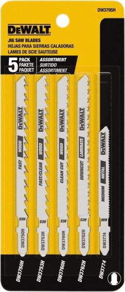 DeWALT - 5 Piece, 3" to 5" Long, 6 to 18 Teeth per Inch, Bi-Metal Jig Saw Blade Set - Toothed Edge, T-Shank - Americas Tooling