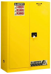 Justrite - 2 Door, 2 Shelf, Yellow Steel Standard Safety Cabinet for Flammable and Combustible Liquids - 65" High x 43" Wide x 18" Deep, Manual Closing Door, 3 Point Key Lock, 45 Gal Capacity - Americas Tooling