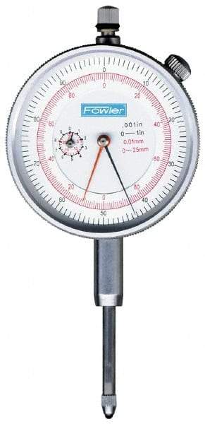 Fowler - 1" Range, 0-100, 0-200-0 Dial Reading, 0.001" Graduation Dial Drop Indicator - 2-1/4" Dial, 0.1" Range per Revolution, Revolution Counter - Americas Tooling