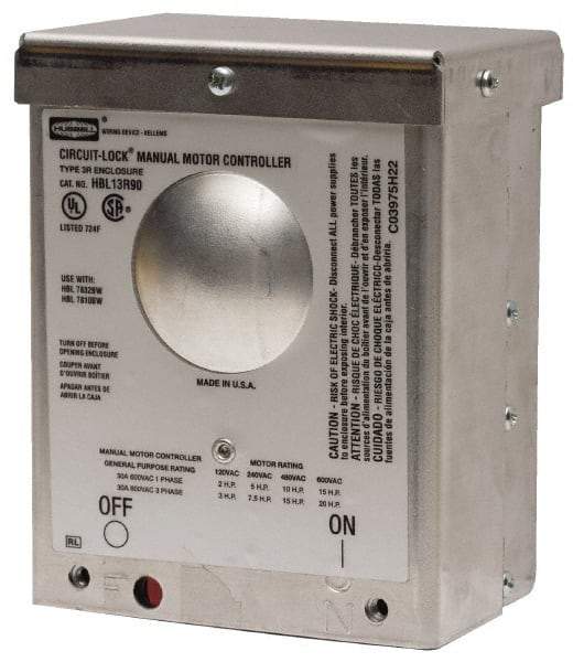 Hubbell Wiring Device-Kellems - 2 Poles, 60 Amp, NEMA, Enclosed Pushbutton Manual Motor Starter - 111.8mm Wide x 83.8mm Deep x 256.8mm High, 15 hp, CSA Certified, NEMA 3R & UL Listed - Americas Tooling