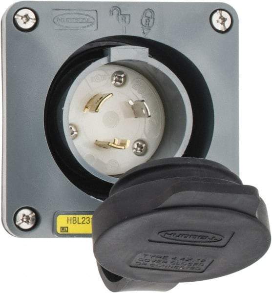 Hubbell Wiring Device-Kellems - 125 VAC, 20 Amp, L5-20P NEMA, Self Grounding Inlet - 2 Poles, 3 Wire, Male End, Gray - Americas Tooling