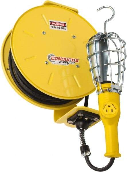 Conductix - 16 AWG, 25' Cable Length, Cord & Cable Reel with Incandescent Hand Lamp End - 1 Outlet, NEMA 5-15R, 10 Amps, 125 Volts, SOOW-A Cable, Yellow Reel, Spring Driven Reel - Americas Tooling