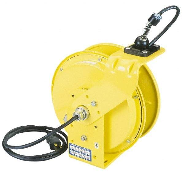 Conductix - 16 AWG, 35' Cable Length, Cord & Cable Reel with Bare End - 3 Outlets, NEMA 5-15R, 10 Amps, 110 Volts, SOOW-A Cable, Yellow Reel, Spring Driven Reel - Americas Tooling