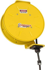 Conductix - 16 AWG, 50' Cable Length, Cord & Cable Reel with Bare End - 3 Outlets, NEMA 5-15R, 10 Amps, 110 Volts, SOOW-A Cable, Yellow Reel, Spring Driven Reel - Americas Tooling