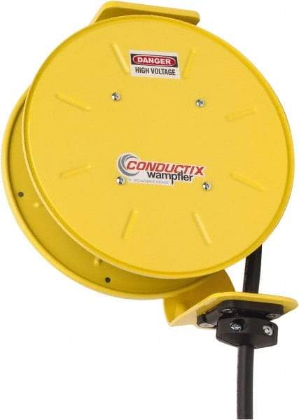 Conductix - 12 AWG, 20' Cable Length, Cord & Cable Reel with Bare End - 3 Outlets, NEMA 5-20R, 20 Amps, SEOW-A Cable, Yellow Reel, Spring Driven Reel - Americas Tooling