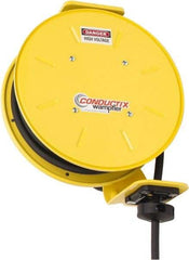 Conductix - 14 AWG, 40' Cable Length, Cord & Cable Reel with Bare End - 3 Outlets, NEMA 5-15R, 15 Amps, SEOW-A Cable, Yellow Reel, Spring Driven Reel - Americas Tooling